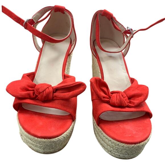 ZBY Womens Size 7.5 Red Faux Suede 4" Wedge Heel Espadrille Open Toe Shoes - Picture 5 of 7